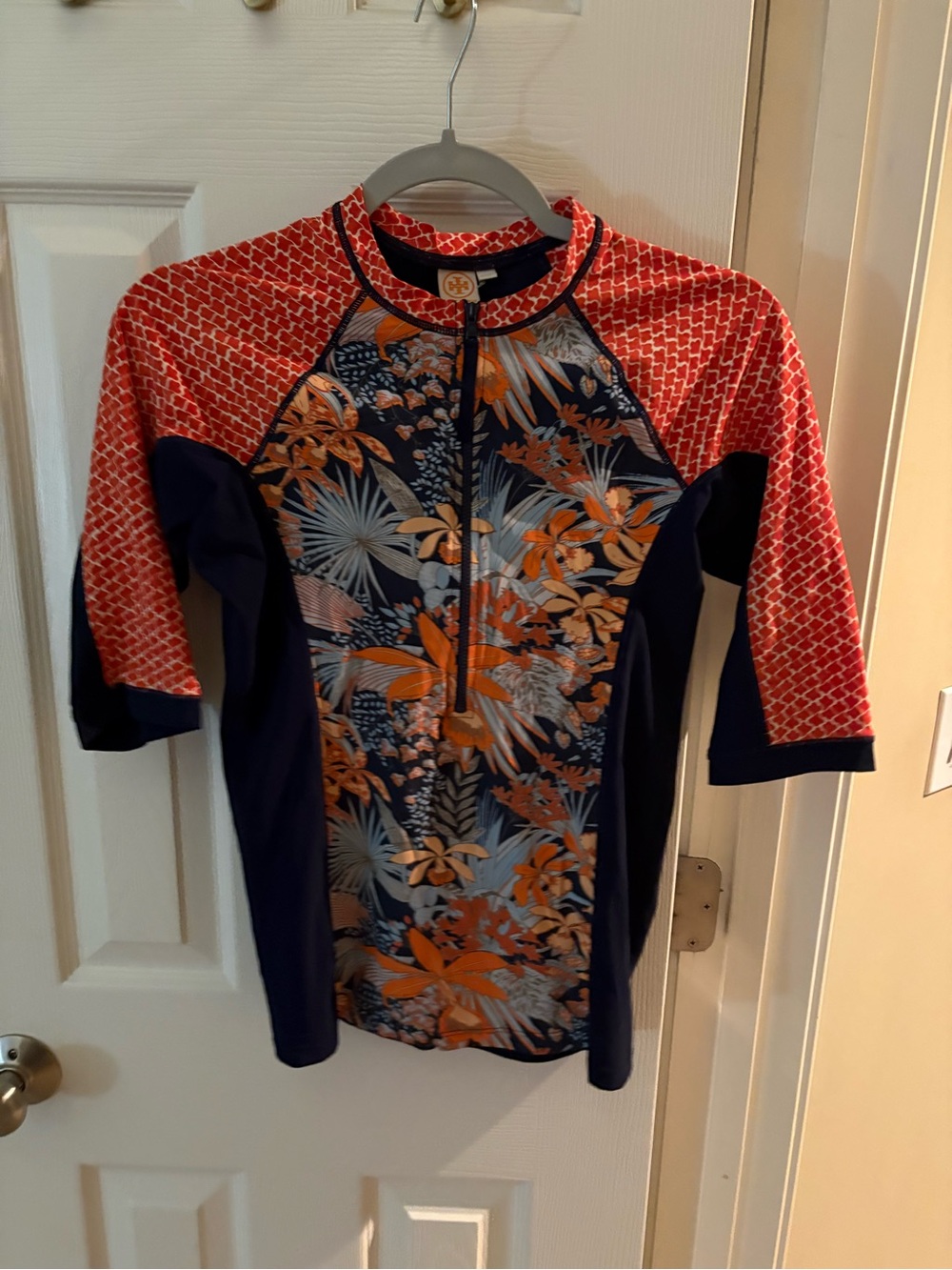 Tory Burch Navy & Orange Floral Zip Front Swim Rash guard